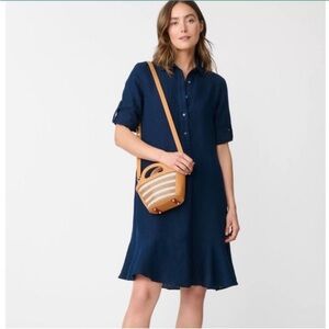 J. McLaughlin Navy Linen Wellesley Rollsleeve Ruffle Hem Shirt Dress Size L